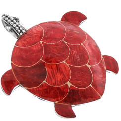 925 Sterling Silver Red Coral Turtle us Pendant Brooch