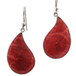 1" 925 Silver Red Coral Teardrop Pear French Wires Earrings