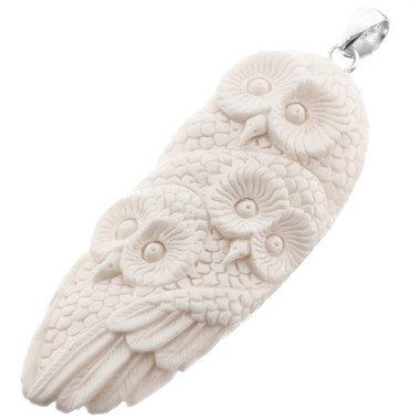 2 15/16" 925 Silver Bison Bone Carving Owl us Pendant