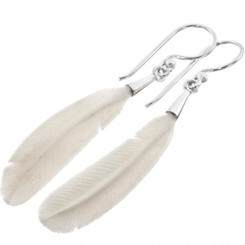 Feather Bison Bone Hand Carving 925 Silver Earrings, 1 5/8"