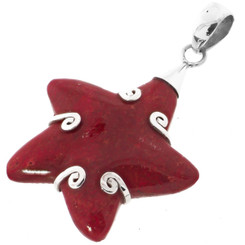 1 3/4" 925 Sterling Silver Red Coral Star Starfish Pendant