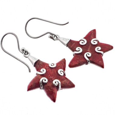 7/8" 925 Sterling Silver Red Coral Starfish Earrings