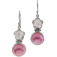 1 1/16" 925 Silver Mother Of Pearl Mabe Pearl Flower Pink Earrings