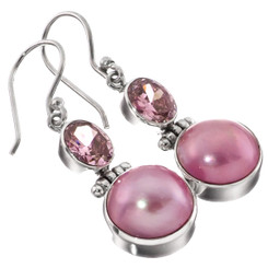 1" 925 Sterling Silver Pink Quartz Mabe Pearl French Wires Earrings