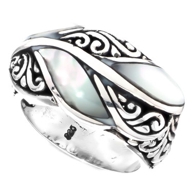 White Mother of Pearl Leaf Vine Scroll Design 925 Sterling Silver Ring