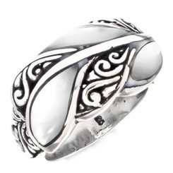 White Mother of Pearl Leaf Vine Scroll Design 925 Sterling Silver Ring