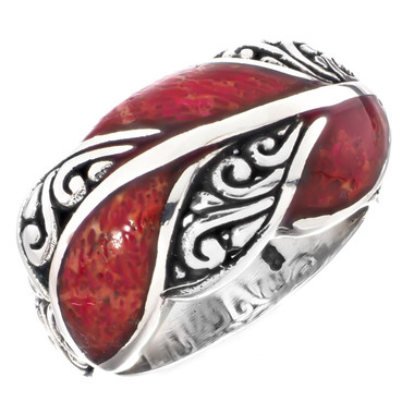 Red Coral Leaf Vine Scroll Design 925 Sterling Silver Ring