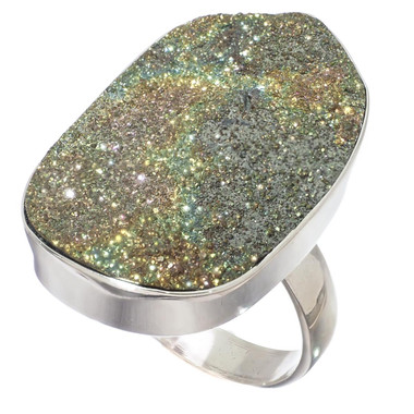 925 Silver Russian Pyrite Druzy Drusy Sterling Adj Sz 9 Ring,  1 1/8"