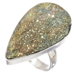 925 Silver Russian Pyrite Druzy Drusy Sterling Adj Sz 8 Ring,  1 1/4"