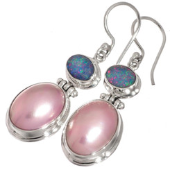 1" 925 Silver Pink Mabe Pearl Opal Doublet French Earrings