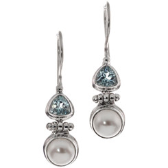 3/4" 925 Silver Blue Topaz Biwa Freshwater Pearl Earrings