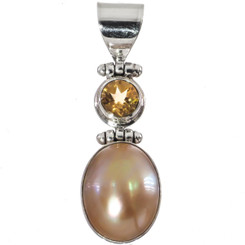 1 11/16" 925 Silver Oval Gold Mabe Pearl Citrine Pendant