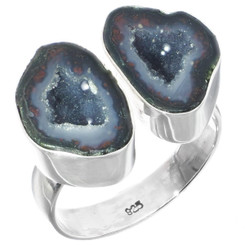 Genuine Mexican Geode Drusy Pair 925 Sterling Silver Ring, US 9