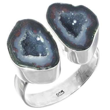 Genuine Mexican Geode Drusy Pair 925 Sterling Silver Ring, US 9