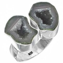 Genuine Mexican Geode Drusy Pair 925 Sterling Silver Ring, US 6