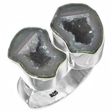 Genuine Mexican Geode Drusy Pair 925 Sterling Silver Ring, US 6