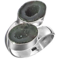 Genuine Mexican Geode Druzy Pair 925 Sterling Silver Ring, US 7