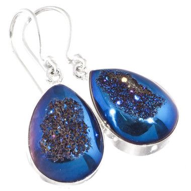 925 Silver Pear Cobalt Blue Titanium Druzy Agate Sterling Teardrop Earrings,5/8"