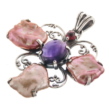 925 Silver Pink Biwa Pearl Amethyst Red Garnet us Pendant
