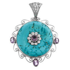 925 Silver Bold Turquoise Amethyst Sterling Filigree Pendant, 2 13/16"