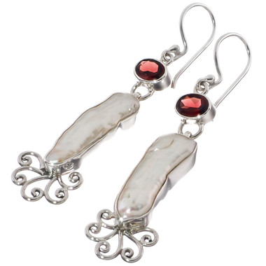 925 Silver Freshwater Stick Pearl Red Garnet Wires Earrings