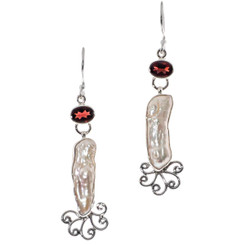 925 Silver Freshwater Stick Pearl Red Garnet Wires Earrings
