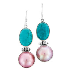 1 3/8" 925 Silver Mabe Pearl Turquoise Pink French Earrings