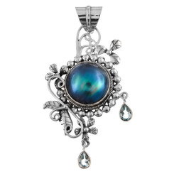 2 3/16" 925 Silver Blue Mabe Pearl Blue Topaz us Pendant