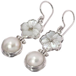White Flower Mother Of Pearl Mabe Cultured Pearl 925 Silver Earrings, 1 1/16"