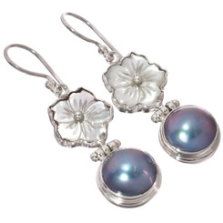 Flower Mother Of Pearl Blue Mabe Pearl 925 Silver Earrings, 1 1/16"
