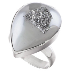 1" Teardrop Pear Silver Mist Titanium Druzy 925 Silver Ring, Size 9