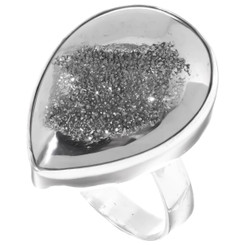 1" Teardrop Pear Silver Mist Titanium Druzy 925 Silver Ring, Size 9