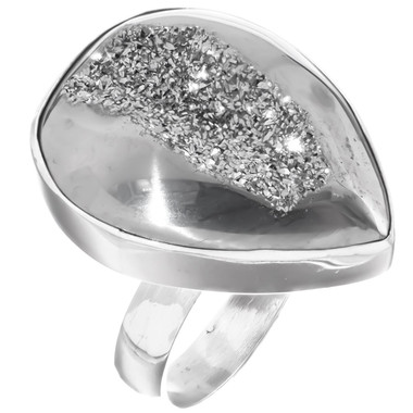 1" Teardrop Pear Silver Mist Titanium Druzy 925 Silver Ring, Size 8