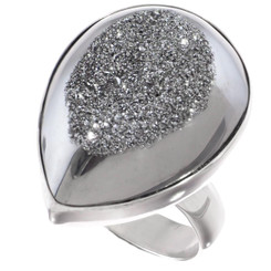 1" Teardrop Pear Silver Mist Titanium Druzy 925 Silver Ring, Size 8