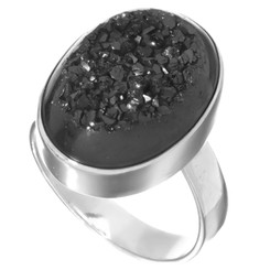 3/4" Oval Black Titanium Druzy 925 Silver Ring, Size 8