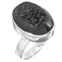3/4" Oval Black Titanium Druzy 925 Silver Ring, Size 6