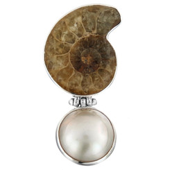 925 Silver Madagascar Ammonite Fossil Mabe Pearl Sterling Pendant, 1 9/16"
