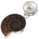 925 Silver Madagascar Ammonite Fossil White Mabe Pearl Sterling Pendant, 1.7"