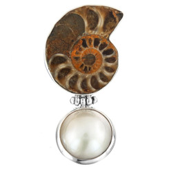 1 9/16" 925 Silver Ammonite Fossil White Mabe Pearl Pendant