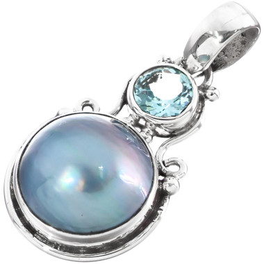 1 3/16" 925 Silver Blue Mabe Pearl Blue Topaz us Pendant