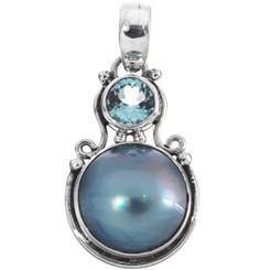 1 3/16" 925 Silver Blue Mabe Pearl Blue Topaz us Pendant