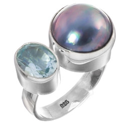 5/8" Wide Blue Topaz Blue Mabe Cultured Pearl 925 Sterling Silver Ring
