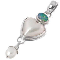 Heart White Mabe Cultured Pearl Natural Opal Doublet 925 Sterling Silver Pendant, 2"