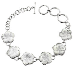 925 Silver White Mother Of Pearl Flower 7 1/4" Bracelet