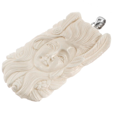 Goddess In Headdress Bone Hand Carving 925 Silver Pendant, 3"