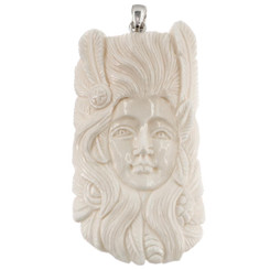 Goddess In Headdress Bone Hand Carving 925 Silver Pendant, 3"