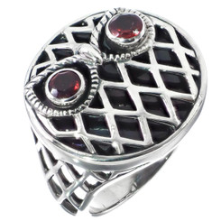 Handmade Owl Face Red Garnet Eyes 925 Sterling Silver Ring, 13/16"