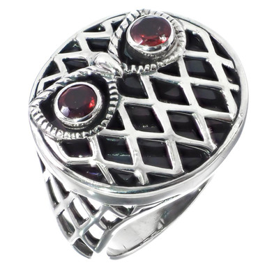 Handmade Owl Face Red Garnet Eyes 925 Sterling Silver Ring, 13/16"