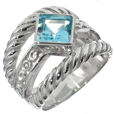 Blue Topaz Scroll Cable Tri-Band 925 Sterling Silver Ring, 11/16"