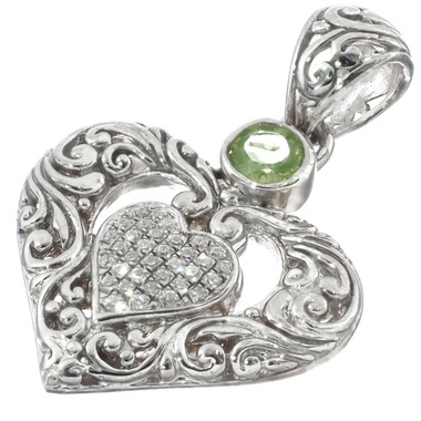 1 1/8" FINE BALI SCROLL HEART IN PERIDOT AND CZ 925 STERLING SILVER pendant